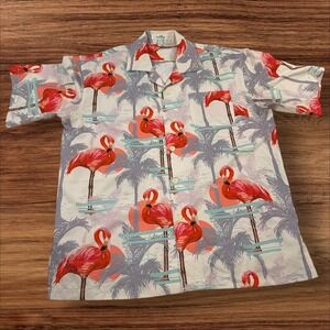 Flamingo Palm Tree Hawaiian Shirt Mens XL Button Up Short Sleeve Tropical